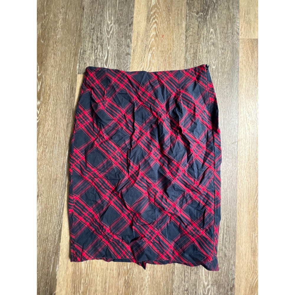 Old Navy Pencil Skirt Womens 12 Red Navy Blue Plaid Knee Length Tailored‎